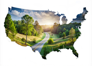 Double exposure of a 3 D  USA map and Natchez Trace Parkway, white background 