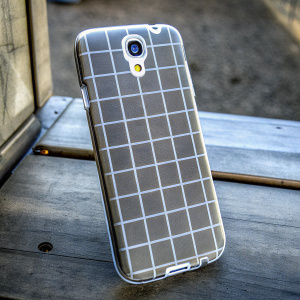 A sleek design for a Samsung Galaxy S4 phone case. The pattern features a fine black and gray checkered grid.