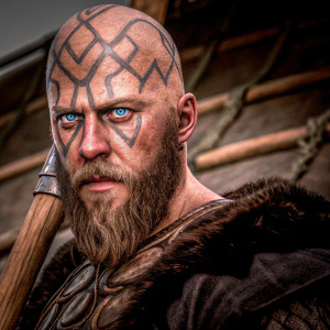 In a vivid depiction, Ragnar Lothbrok from the series 'Vikings' stands out with a bald head, adorned with intricate facial tattoos, piercing blue eyes, and a flowing beard.