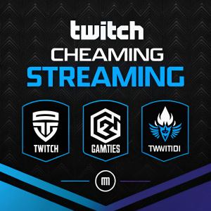 Digital graphic for Twitch gaming stream. Dark background with streaming platform logos. Flat design with bold, modern style. Colors are black, white, and blue. Layout is clean and organized.