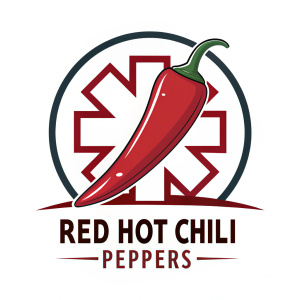 Digital illustration of the Red Hot Chili Peppers logo. Central graphic is a bold red chili pepper. White background. 'RED HOT CHILI PEPPERS' in bold sans-serif font. Modern, graphic style with strong contrast.