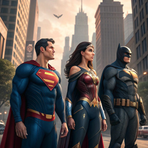 Digital illustration of Superman, Wonder Woman, and Batman standing in a urban setting. Dynamic poses, vivid colors.