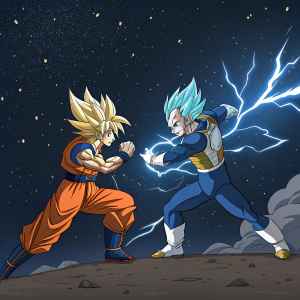 Intense showdown between Goku and Vegeta. Dark, starry space background.