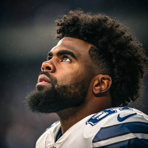 High-resolution close-up of Ezekiel Elliott, a Dallas Cowboys running back. His intense gaze and curly hair are the focal points. Dark, blurred background highlights his determined expression.
