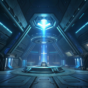 High-tech digital art rendering of Forerunner architecture from Halo 5: Guardians. Futuristic setting with angular shapes and cool blue lighting. Intense focus on central illuminated area, showcasing advanced, otherworldly design.