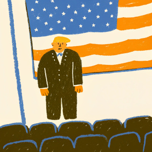 Cartoon version of Donald Trump, in a black tuxedo, standing alone on a stage. A large, digital screen displays the American flag behind him