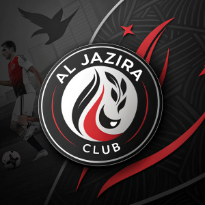 Modern logo for Al Jazira Club. Featuring a sleek circular emblem with a stylized flame. Black background, bold angular text 'AL JAZIRA CLUB' in black and red colors. Digital illustration