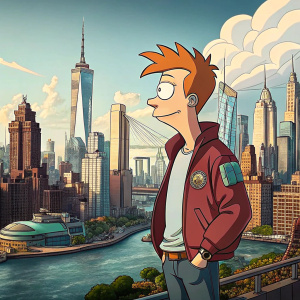 Illustration of Fry from Futurama, standing in front of a bustling New New York City skyline.