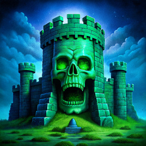 Green cobblestone castle with a skull-faced front, the mouth of the skull is the entrance, oil painting by Jeff Easley.