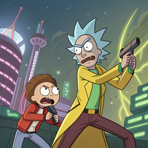 Illustration of Rick and Morty characters in an anime-style showdown, with vibrant colors and dynamic poses.