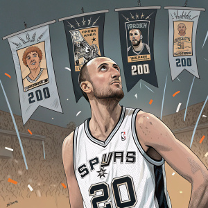 Manu Ginobili, intense gaze, standing amidst a montage of San Antonio Spurs championship banners. Dynamic illustration style, celebrating his career highlights.