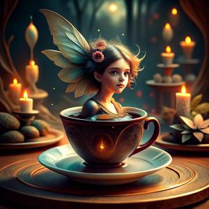  Illustrate a tiny fairy sitting on the edge of a coffee cup, wings fluttering, as she listens intently to the conversations around her. The scene is a cozy, bustling coffee shop, with the fairy adding an element of whimsy and enchantment to the everyday. vibrant color, high contrast UHD, cinematic, ultra realistic, style raw, DSLR camera with a lens of 50mm -- aspect ratio 1:21 -- v 5.0