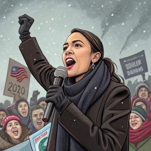Alexandria Ocasio-Cortez, speaking passionately at a rally. Dark coat and scarf, microphone in foreground. Crowd visible in background.