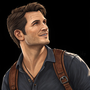 Nathan Drake from Uncharted, medium build, warm smile, styled brown hair, confident expression, dressed in dark shirt and brown leather harness. Detailed digital art with focus on textures, set against a plain black background.