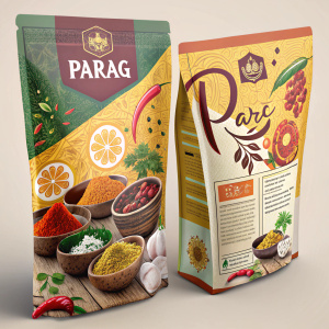 Packaging design for Parag. Vibrant and colorful front and back. Hindi text. Ingredients highlighted. Visually appealing mix of colors and textures.