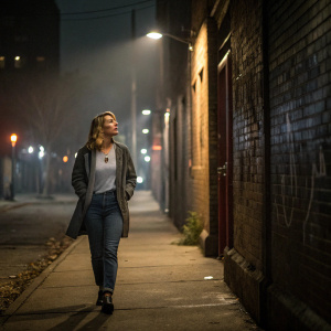 Scarlett Johansson, in a casual outfit, walking down a dimly lit alleyway in New York City at night.