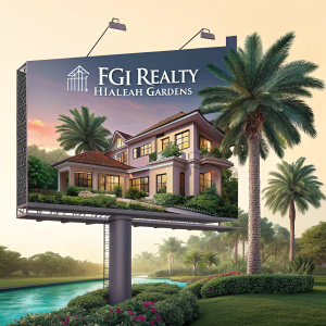 Digital billboard showcasing FGI Realty's premium property in Hialeah Gardens. Lush landscaping, swimming pool, and palm trees.