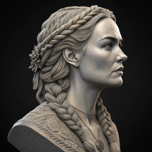 Digital 3D render of a bust sculpture featuring Lena Headey's likeness. Intricate braids in her hair, close-up facial features. Rendered in shades of gray against a solid black background.