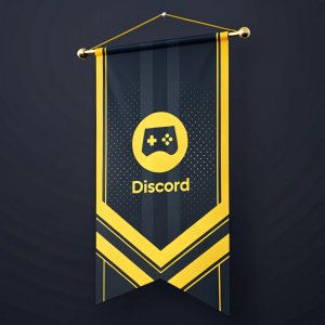 Modern banner for Discord app. Dark background, prominent yellow accents, logo emblem