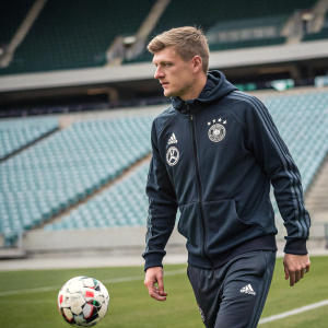 High-resolution image of Toni Kroos, German soccer player, intense look. Wearing casual Adidas tracksuit, training session in empty stadium.