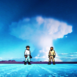 A pixel art depiction of Walter White and Jesse Pinkman from Breaking Bad. They are in a stylized environment with a massive explosion in the background. The scene is vibrant and dynamic, with a retro video game aesthetic.