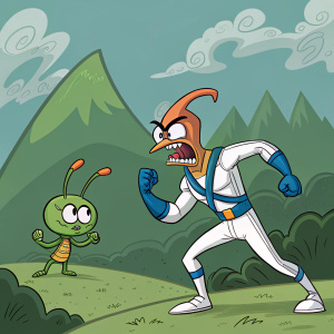 Cartoon illustration of Earthworm Jim. Angry alien character in foreground. Green mountain range and cloudy sky in background.