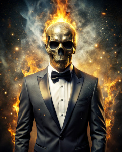 effect, photoshop action, realistic black gold skull with human body in tuxedo, fire, sparks, dust, explosion, smoke, sand, shadows, glow, glow, glare, light, slim, in style: serious, business, wise, quality xd, 