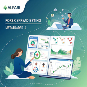 Interactive infographic promoting Alpari's Forex spread betting service on MetaTrader 4. Illustrating the synergy between spread betting and trading. Detailed explanation of service benefits and risks included.