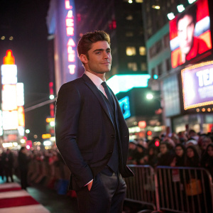 Zac Efron, actor, wearing a formal dark suit, tie, standing in Times Square at night. Crowds and neon lights