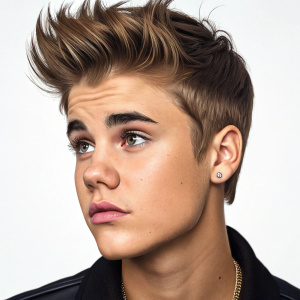 Justin Bieber's digital portrait, detailed 3D render, focusing on his face and hairstyle.