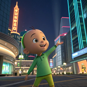 3D-rendered character from Upin & Ipin series. The character is Upin, wearing a green shirt, standing in a playful pose. The background is a bustling cityscape with modern buildings and bright neon lights