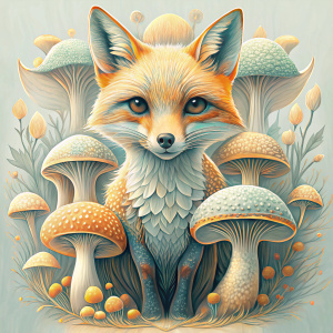 a botanical, sepia-toned photography, realism, 4k, raw photo, cottage-core mushrooms accompanied by  illustrations of a fox, acrylic painting, ink wash painting 
