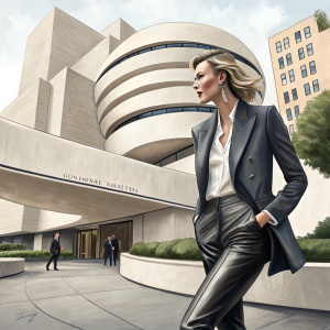 Karlie Kloss, striking pose outside the Guggenheim Museum. She wears a fitted blazer and sleek leather pants. The background showcases the museum's iconic spiral structure.