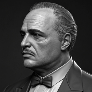 Digital portrait of Don Corleone. Marlon Brando's likeness, high-definition 3D model with detailed features. Prominent jawline, strong facial structure, mustache, rendered in grayscale with chiaroscuro and textures.