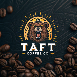 Digital artwork showcasing the Taft Coffee Co. brand. A fierce, brown bear is featured in the logo, with the company name 'TAFT COFFEE CO.' prominently displayed. The background is a dark, intricate texture, and the logo's eye-like design gleams with golden highlights.
