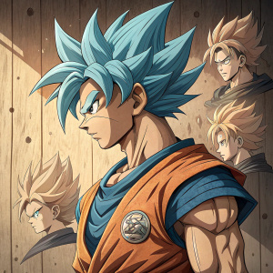 Illustration of Goku from Dragon Ball Z. Hair blue. Determined face. Various poses and angles. Close-up headshot with intricate details of clothing and accessories. Wooden panel background with visible grain.