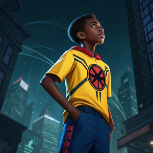 Miles Morales, the young hero from Brooklyn, stands confidently in a digital art piece. He sports a vibrant yellow X-Men jersey adorned with a striking logo and Marvel emblem. His blue pants contrast against the dark, cyberpunk-inspired background, set in a futuristic cityscape.