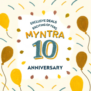 Myntra celebrates 10 years with a vibrant anniversary offer. Festive theme highlighted with joyful colors and celebratory text. Exclusive deals and exciting offers
