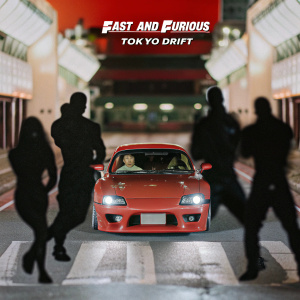 Promotional image for 'Fast and Furious: Tokyo Drift'. A sleek red sports car at the center. Characters in black silhouette form around it. Bold, vibrant colors create a retro vibe. Backdrop is bright red with dark outlines emphasizing the action. Focus is on the car and characters.