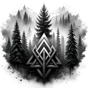 valknut vegvisir geometric symbols - ragnar and trees - tattoo design - perfect realistic art - high-definition - grey and black - white background 
