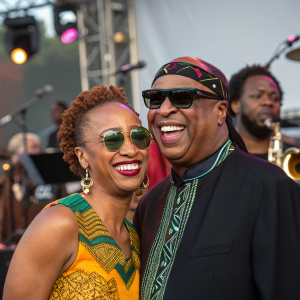 Stevie Wonder and Tomeeka Robyn Bracy, celebrating at a jazz festival. Posing with joyous expressions.