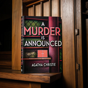 Book cover art for 'A Murder is Announced' by Agatha Christie. Bold and modern design. Pink and grey hues. Text prominently displayed. Various angles and perspectives showcased against a white backdrop.