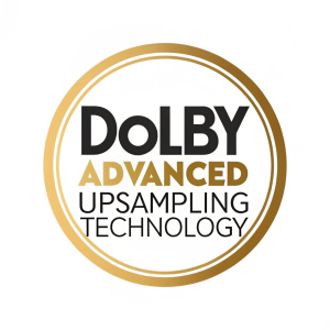 A sleek and modern logo for Dolby TrueHD Advanced Upsampling Technology. The logo features a golden circular design with bold, confident font. The color scheme is primarily gold with the Dolby brand name and text ADVANCED Upsampling prominently displayed.