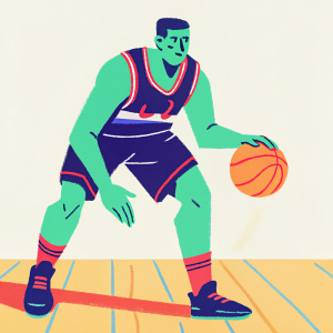 Basketball star Davis Bertans, Caucasian, intense look, dynamic pose. Dressed in a navy jersey with the Wizards logo. Wooden court, spotlights create dramatic shadows, emphasizing his physique and the court's texture.