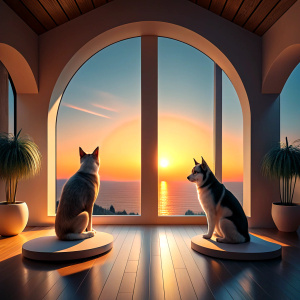 A Cat and a large husky Dog are watching the view from the window at sunset in a large spacious room of a 3D house.