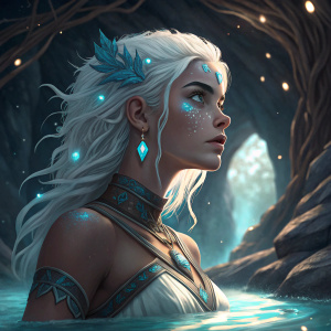 Close-up of Kida from Disney's Atlantis. Fair skin, angular face, voluminous white hair with blue accents. Dark cave background with glowing lights and intricate patterns. She is standing in watery substance.