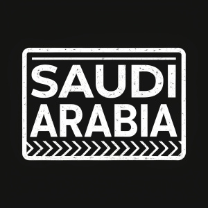 Digital logo design. Bold 'SAUDI ARABIA' in white sans-serif font. Rugged texture, flat design with texture effect, centered on black background.