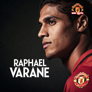 Promotional poster featuring Raphael Varane. Dark background, Man United logo in the corner, Varane's face centered with determined expression.