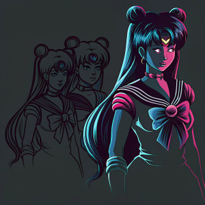Transformation sequence of Sailor Moon from sketch to detailed illustration. Feminine appearance, anime style, iconic design, unique accessories