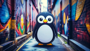 Wallpaper minimal "LINUX" Logo, in the style of street art aesthetic, cute cartoonish designs, photo-realistic techniques, dark red, Childhood and Arcadia, anime aesthetic, cartoon-like